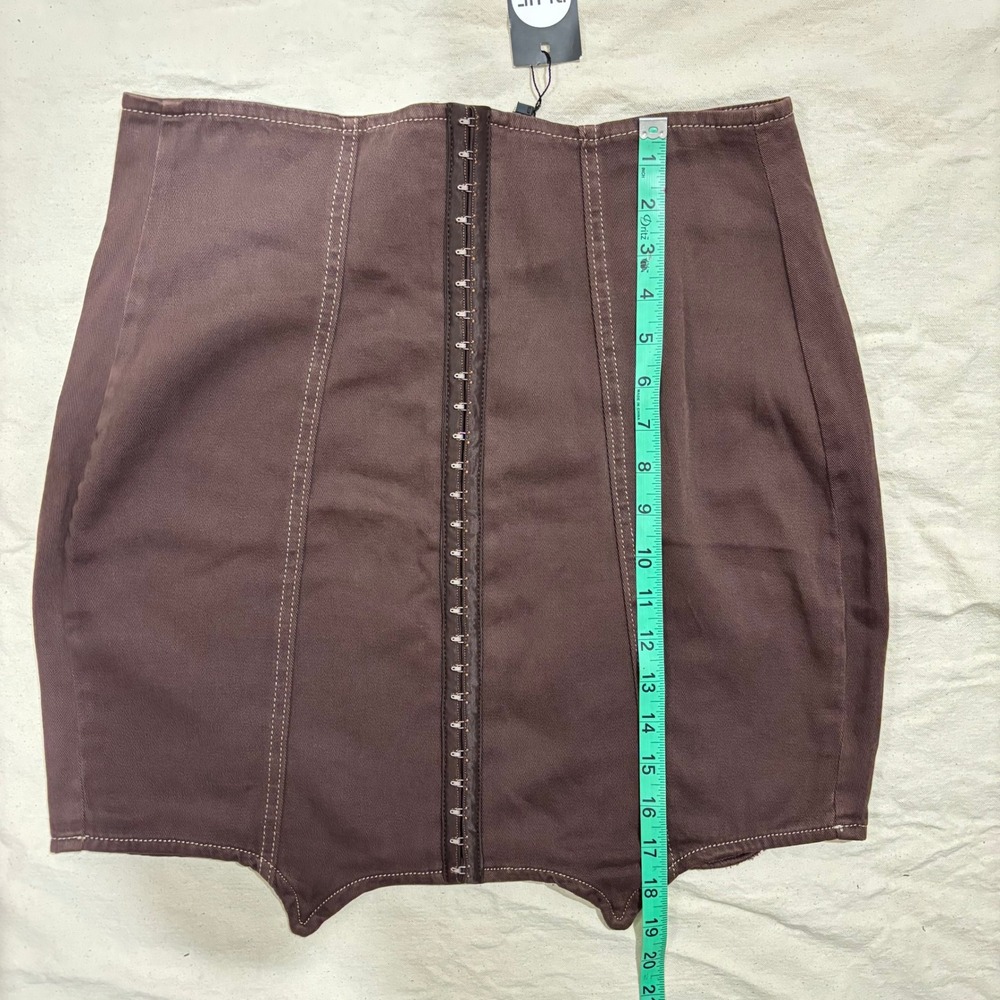 Boohoo Blue Chocolate Brown Corset Hook & Eye Denim Mini Skirt US 10 NEW - Picture 6 of 6